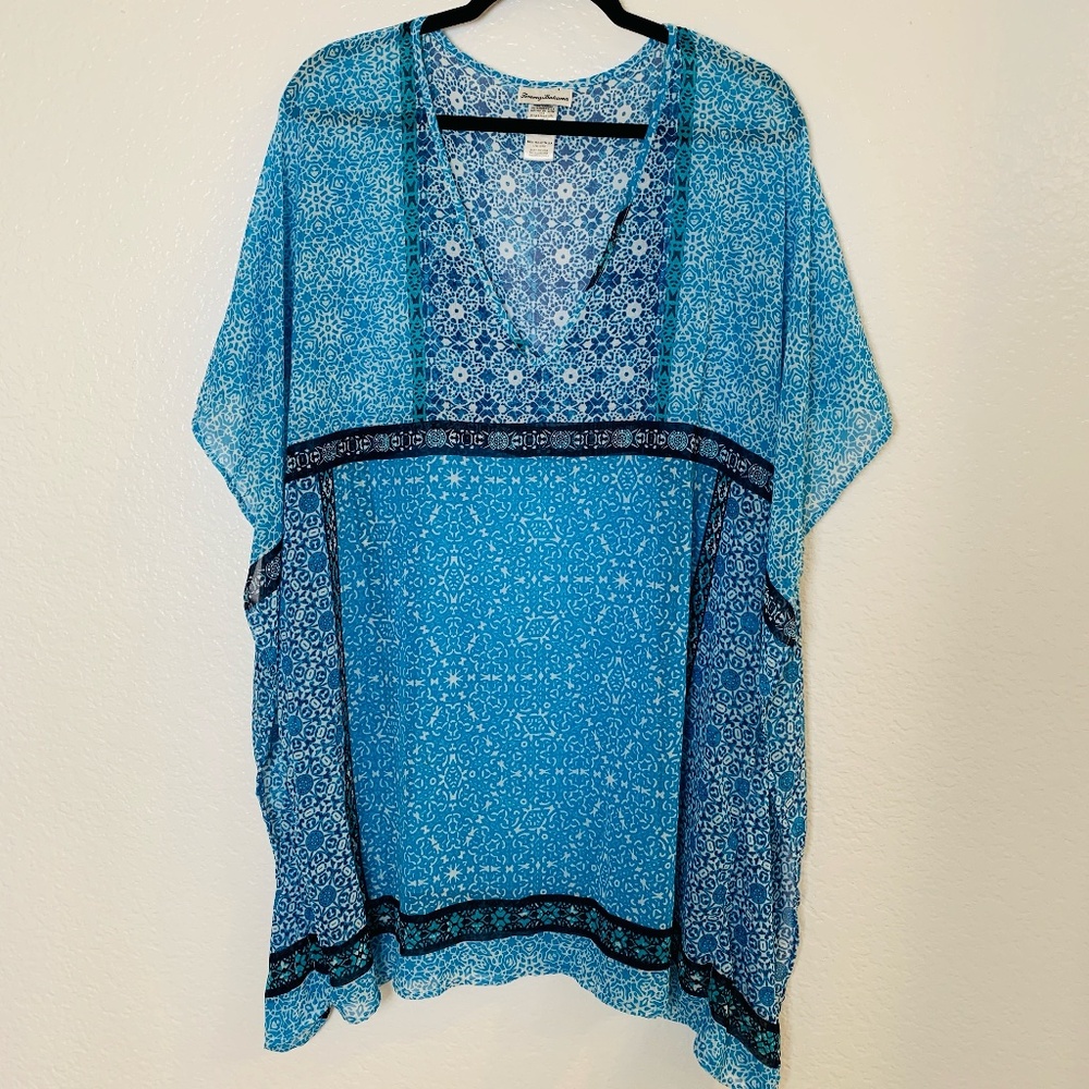 Tommy Bahama Swim Coverup L/XL Blue Print Boho Flowy Vacation Resort Pool Sheer